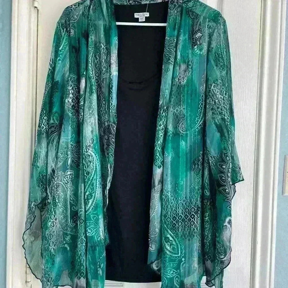 Rebecca Malone Plus Size-3X Green Paisley Shear Top Over Built In Tank Top - Picture 1 of 5